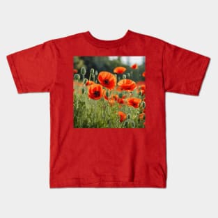 Red Poppy Garden Floral Landscape Kids T-Shirt